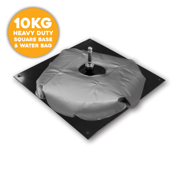 A 5kg metal flag base with a 5kg water bag on top