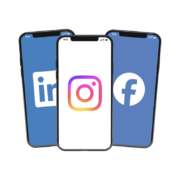 Social Media Channels 3 phones, each with a different social media channel - LinkedIn, Instagram, Facebook