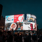 Digital advertising screens A display in a city centre with digital screens