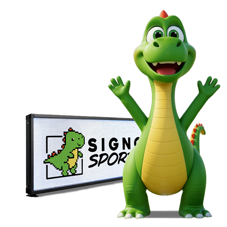 Signosports mascot happily posing with an LED boundary sign