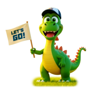 Signosports dinosaur waving a flag that says "Let's go!"