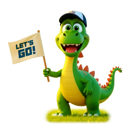 Signosports dinosaur waving a flag that says "Let's go!"