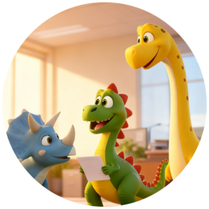 Signosports dinosaur discussing items with other team members