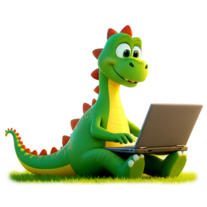 Signosports mascot using a laptop