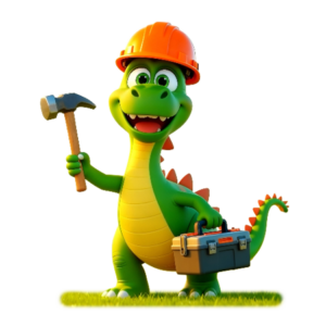 Signosports mascot holding a toolbox and hammer